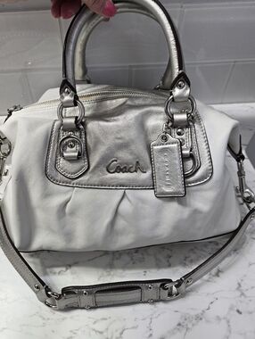 Coach Ashley White And Silvet Leather Satchel with Metallic Silver Hardware